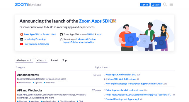Zoom Discourse forum homepage
